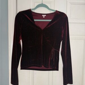 Self-E Velvet Wrap-Front Long Sleeve Top - Burgundy
